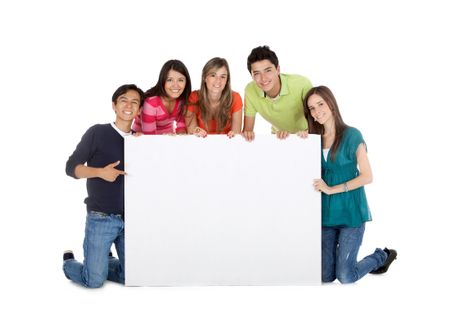 Group of casual people with a banner - isolated over a white background