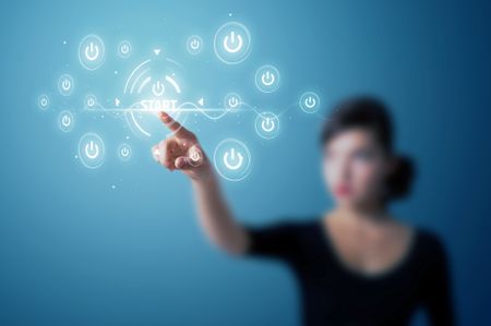Businesswoman pressing simple start buttons on a virtual background