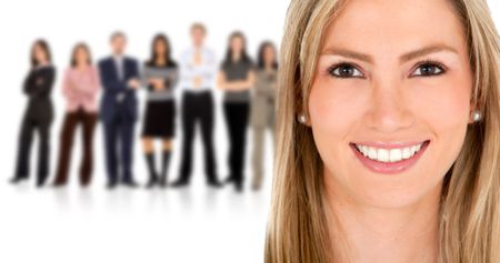 Woman leading a business team - isolated over a white background