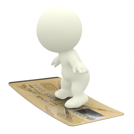 3D character surfing on a debit card - isolated over a white background