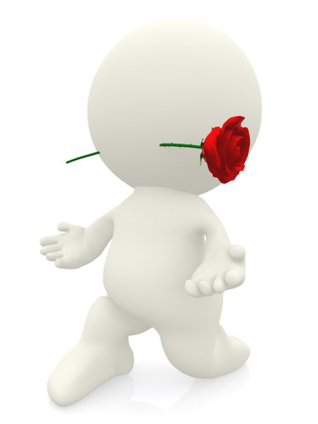 3D man on his knees with a rose, declaring his love - isolated over a white background