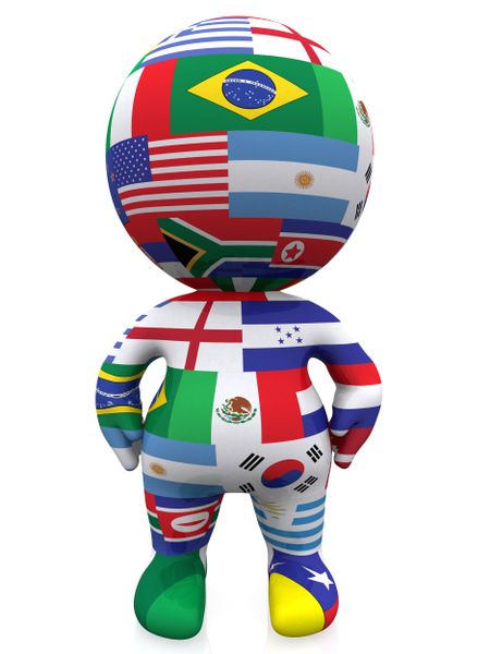 3D guy with the flags of countries from all over the world - isolated