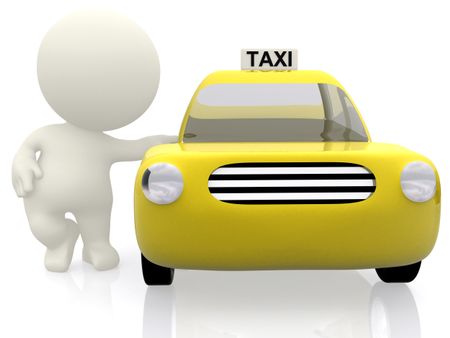 3D man grabbing a yellow taxi - isolated over a white background