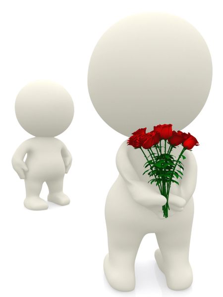 3D man declaring his love giving flowers to his partner - isolated