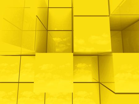 Abstract golden cubes with the reflection of the sky - top view