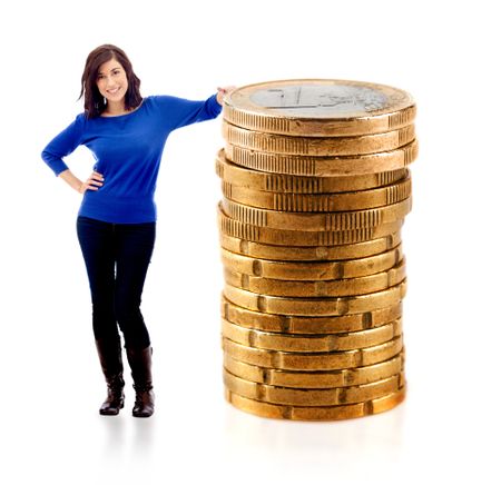 Woman leaning on a pile of euro coins - isolated over a white background