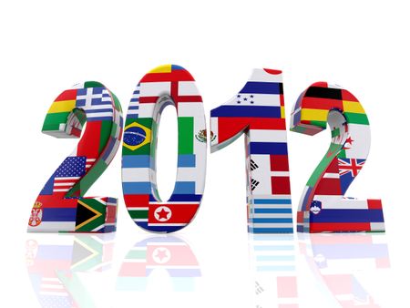 Year 2012 in 3D with flags from different countries - isolated over a white background