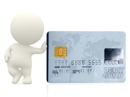 3D guy leaning on a debit card - isolated over a white background