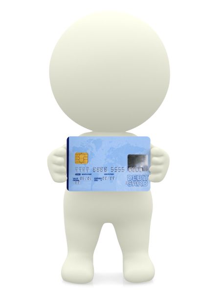 3D guy holding a debit card - isolated over a white background