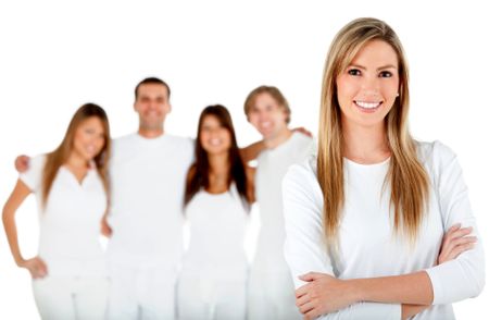 Group of people smiling and hugging - isolated over a white background