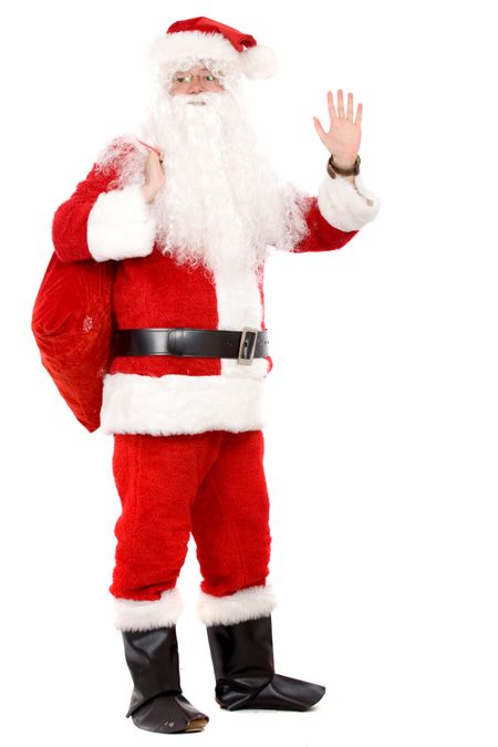 male santa portrait standing with gift sack isolated over a white background