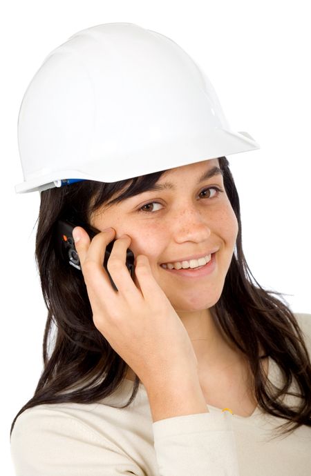 female architect on the phone isolated over a white background