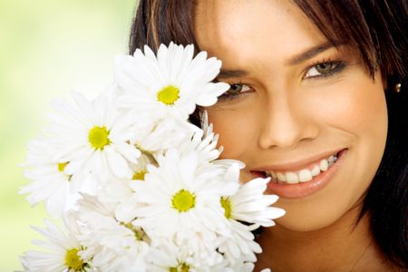 bride portrait smiling with white daisy flowers