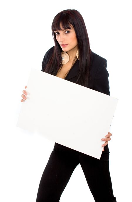 business add girl holding a white cardboard isolated
