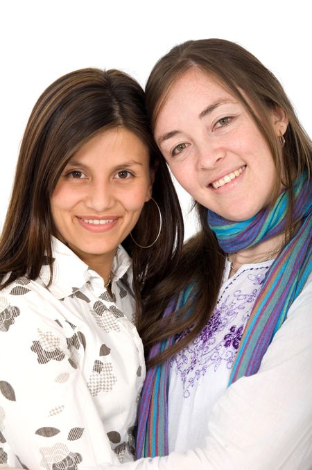female friends portrait smiling isolated over a white background