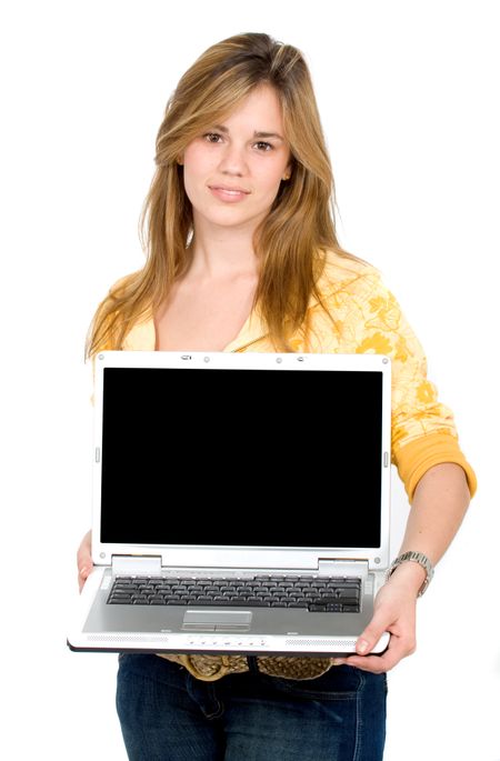 beautiful girl displaying a laptop isolated over a white background