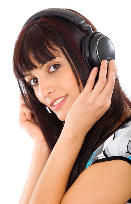 girl listening to music looking happy isolated over white