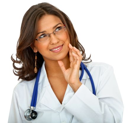 Thoughtful female doctor isolated over a white background
