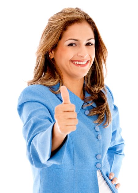 Business woman with thumbs up - isolated over a white background