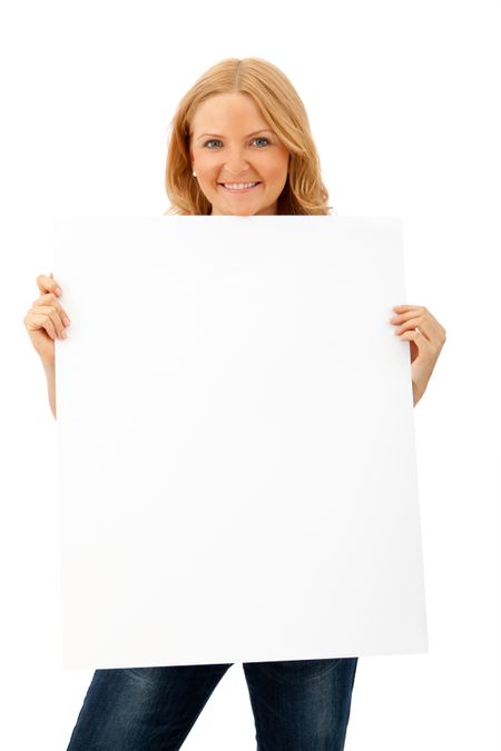 Beautiful woman holding  a banner - isolated over a white background