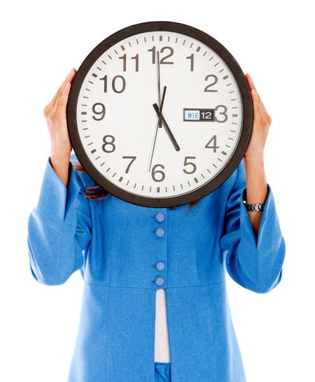 Business woman holding a clock - time concepts