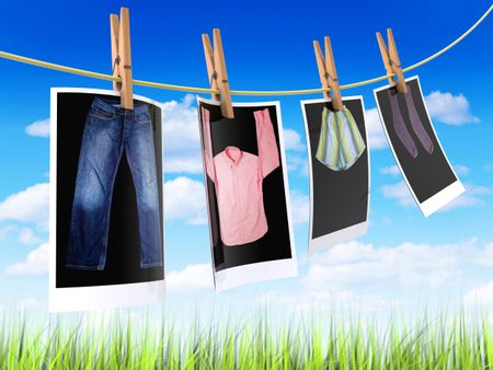 Pictures of clothes hanging on a cord outdoors to get dry