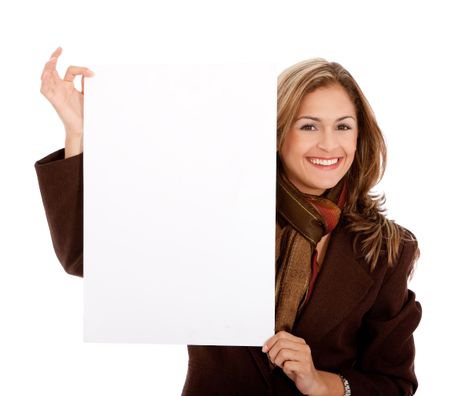 Business woman holding a banner - isolated over a white background