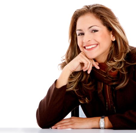 Happy business woman smiling - isolated over a white background