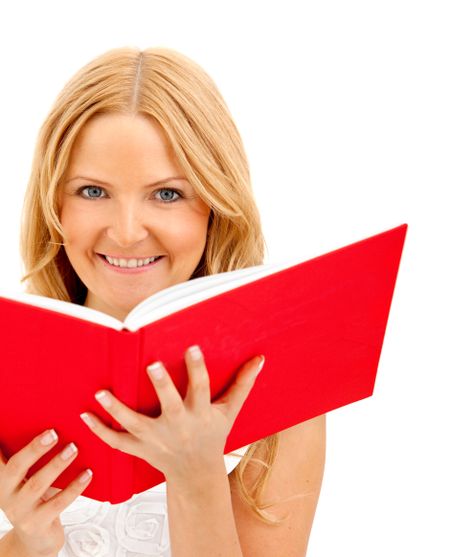 Woman with a red notebook - isolated over a white background