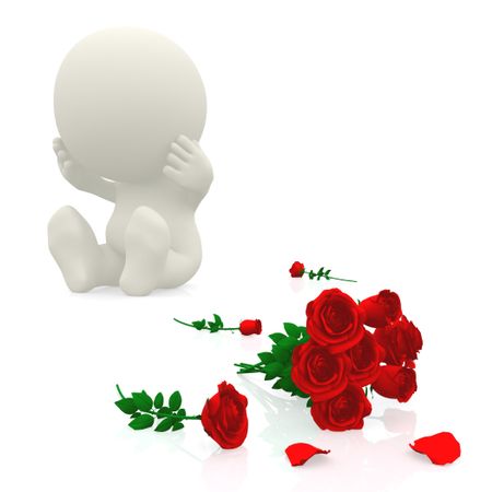3D guy crying over roses on the floor - isolated over a white background