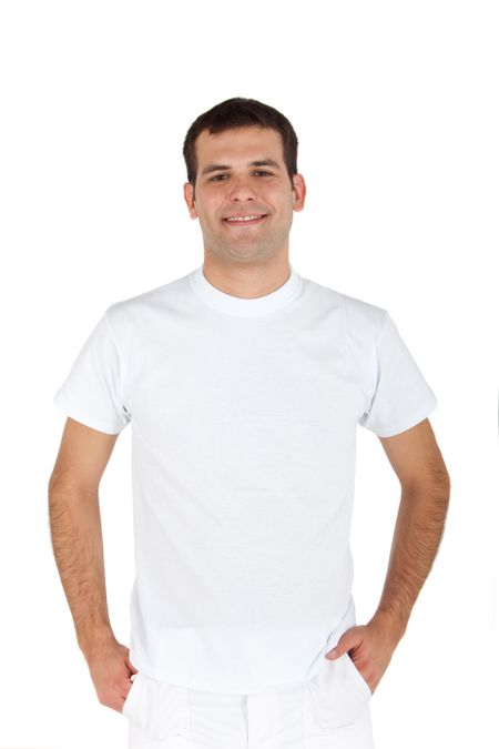 Handsome man smiling isolated over a white background