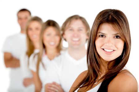 Group of people in a row smiling - isolated over a white background