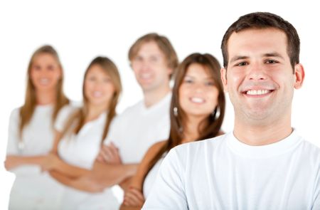 Group of people in a row smiling - isolated over a white background