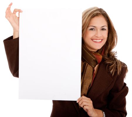 Business woman holding a banner - isolated over a white background,