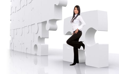 business girl leaning on a puzzle - isolated over a white background