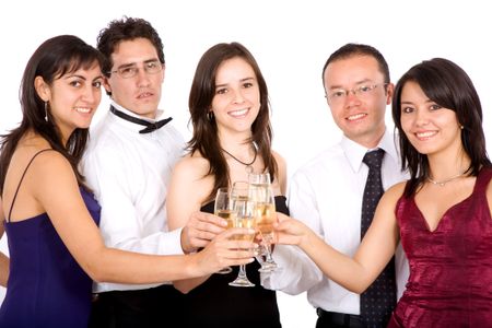 friends celebrating with champagne isolated over a white background