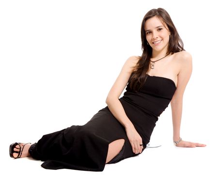 fashion girl in a black dress on the floor isolated over a white background