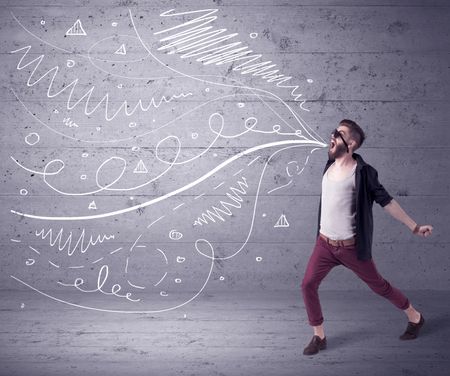 A mad hipster guy with beard shouting drawn white lines, curves on concrete urban wall illustration background concept