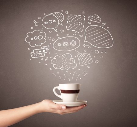 Young female hand holding coffee cup with drawn thought bubbles above it