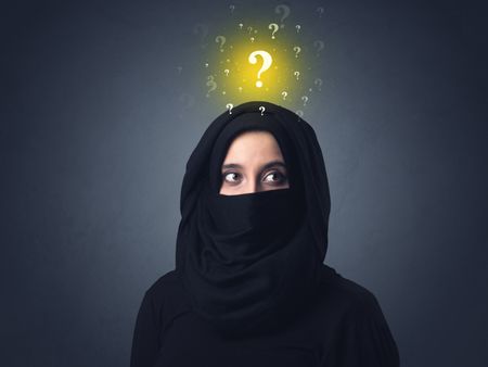 Young muslim woman wearing niqab with yellow question marks above her head