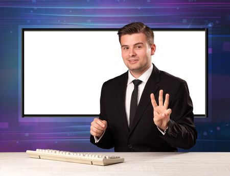 Television program host with big copy screen in his back concept