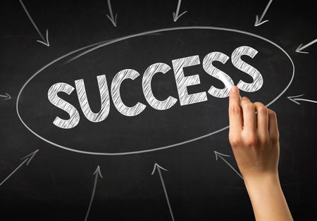 Female hand holding white chalk in front of a blackboard with success written on it