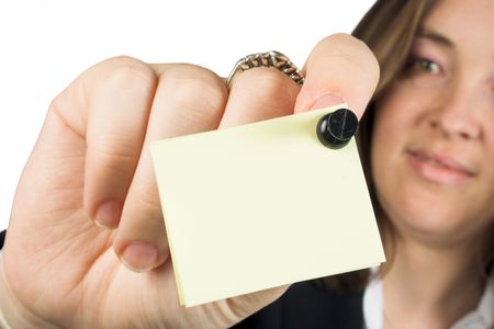 business woman holding a post it note on her hand