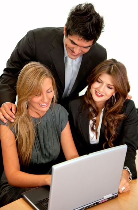 Business group working with laptop isolated over a white background
