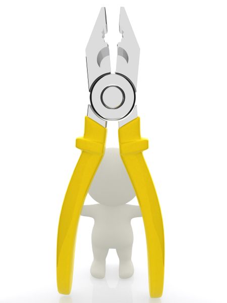 3D guy opening pliers - isolated over a white background