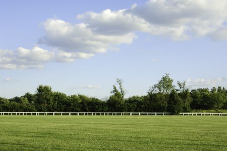 Racetrack infield with continuous white fence and line of trees on late summer afternoon at equestrian training center