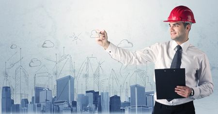 A young architect planning and drawing a happy city sight with blue skyscrapers, sun, clouds