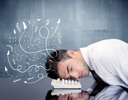 A depressed businessman resting his head on a keyboard and shouting with illustration of ideas, arrows, lines leaving his head concept