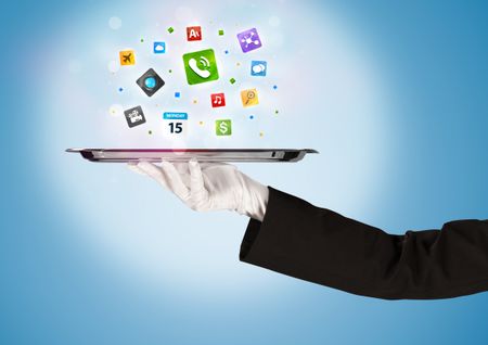 A stylish waiter hand with white gloves holding a silver plate full of social media communication icons and symbols in front of blue background