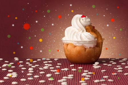 Close up of sweet tasty cakes with colorful background and bokeh light